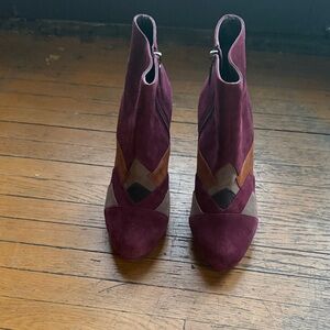 Sacha London Burgundy Suede Ankle Booties with Brown & Taupe Panels